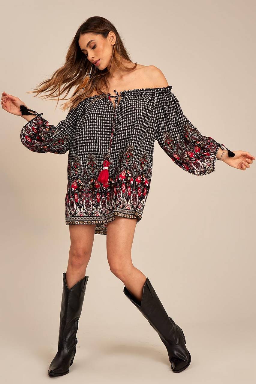 Yacamim Black Printed Boho Tunic with Long Puff Sleeves