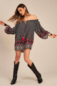 Yacamim Black Printed Boho Tunic with Long Puff Sleeves