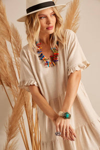 Yacamim E9 Beige Linen V-Neck Short Dress