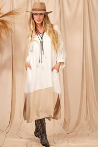 Yacamim Off-White Paneled Midi Dress with Slits