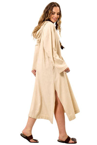 Yacamim Beige Viscose Linen Midi Dress with Long Sleeves and Hood