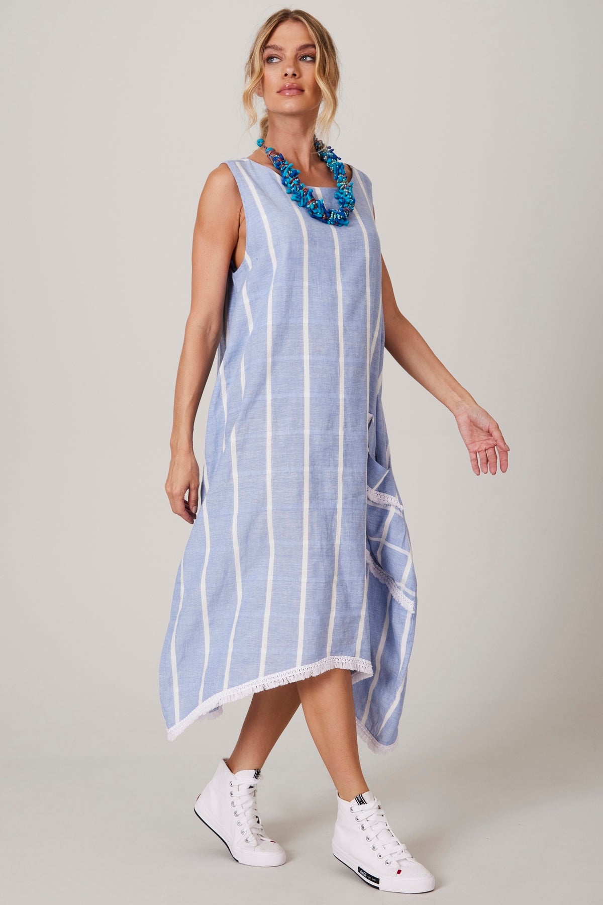 Yacamim E13 Light Blue Striped Midi Tank Dress