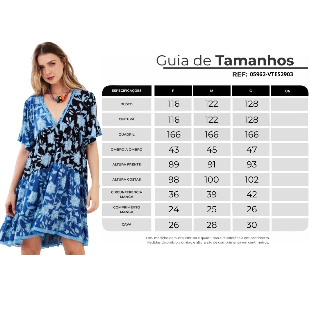 Vestido Curto Azul Estampado Patchwork Yacamim C10