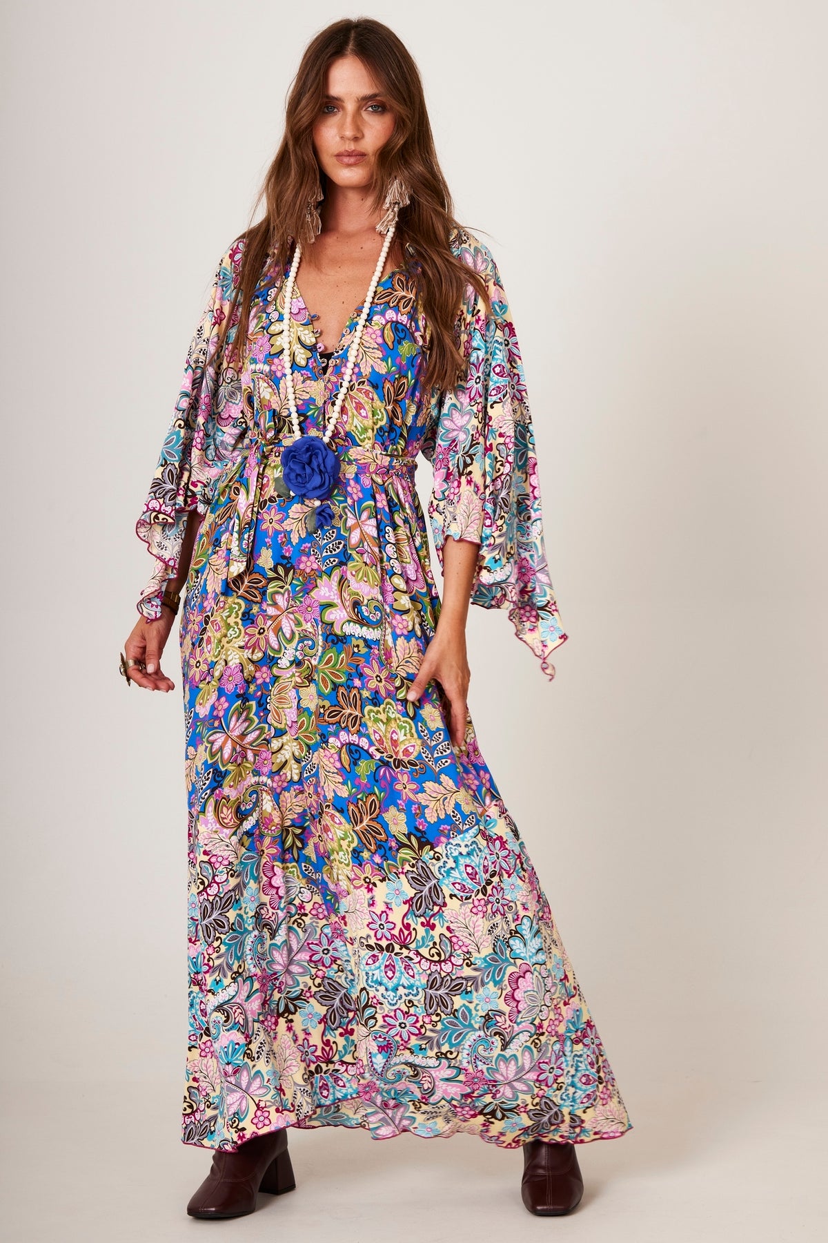 Yacamim D28 Long Blue Patchwork Printed 3/4 Sleeve Dress