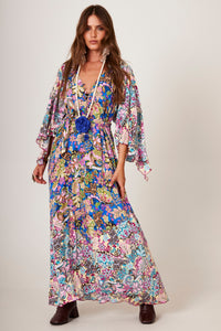 Yacamim D28 Long Blue Patchwork Printed 3/4 Sleeve Dress