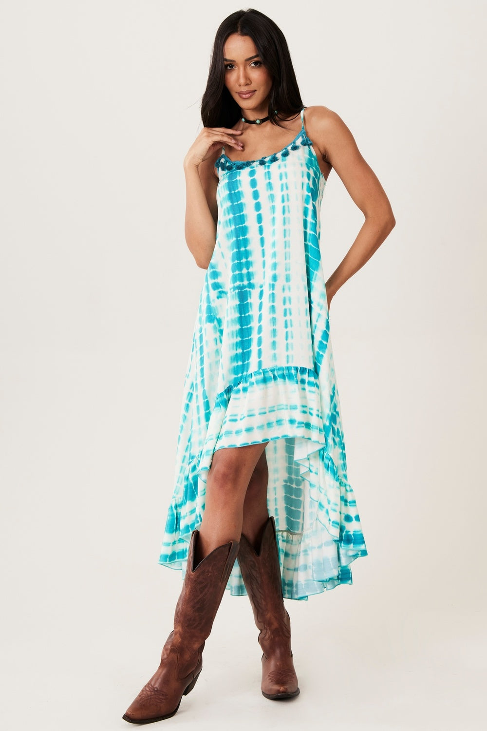 Yacamim E8 Green Tie-Dye Tie-Strap Mullet Dress