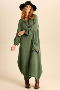 Yacamim Military Green Long Dress with Long Sleeves