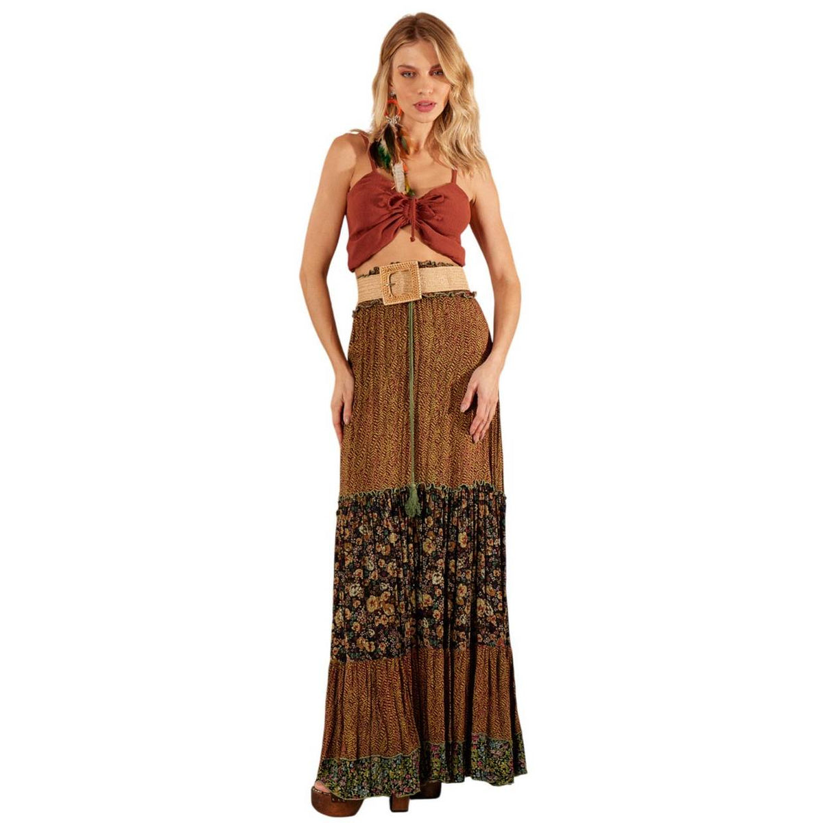 Women's Long Skirt With Shirred Waistband Dark Green Patchwork Yacamim G2
