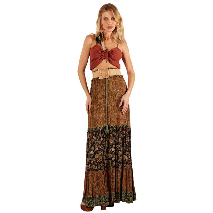 Women's Long Skirt With Shirred Waistband Dark Green Patchwork Yacamim G2