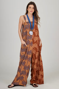 Yacamim O8 Brown Palazzo Jumpsuit with Patchwork Palm Tree Print