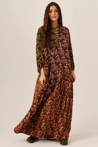 Bordeaux and Green Patchwork Long Dress Yacamim D31
