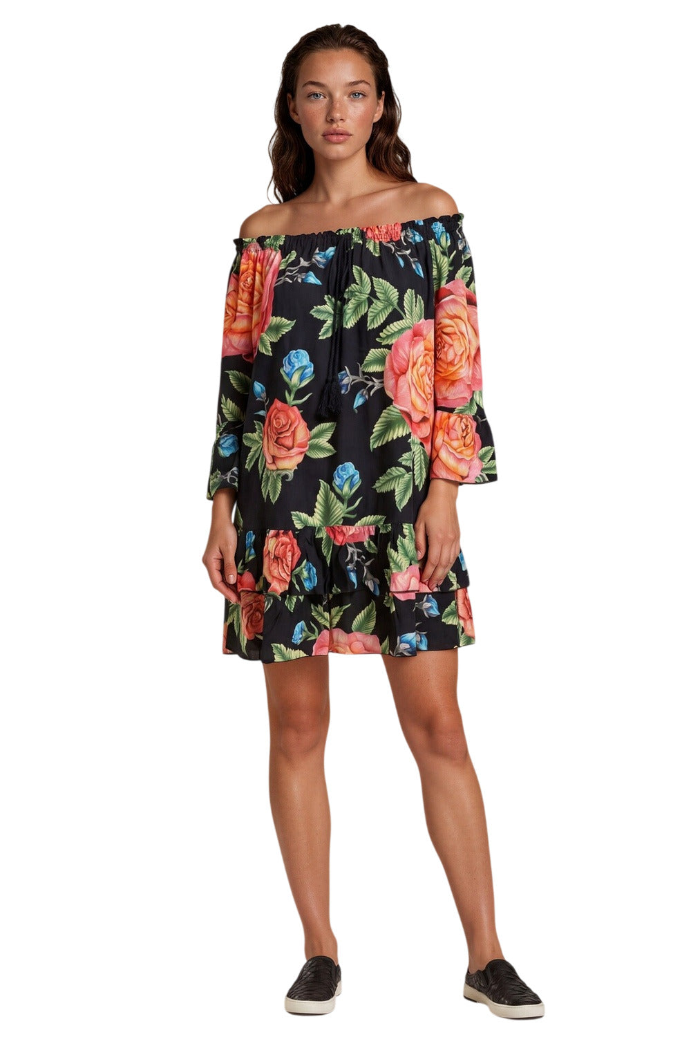 Vestido Curto Ciganinha Com Babados Preto Floral Yacamim D23