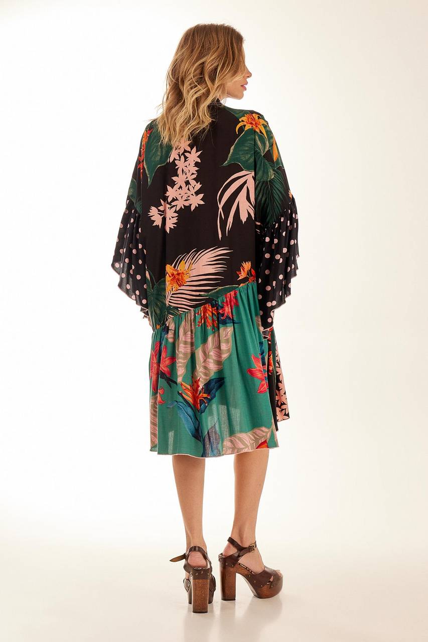 Yacamim Black Printed Patchwork Asymmetrical Ruffled Short Shirt Dress