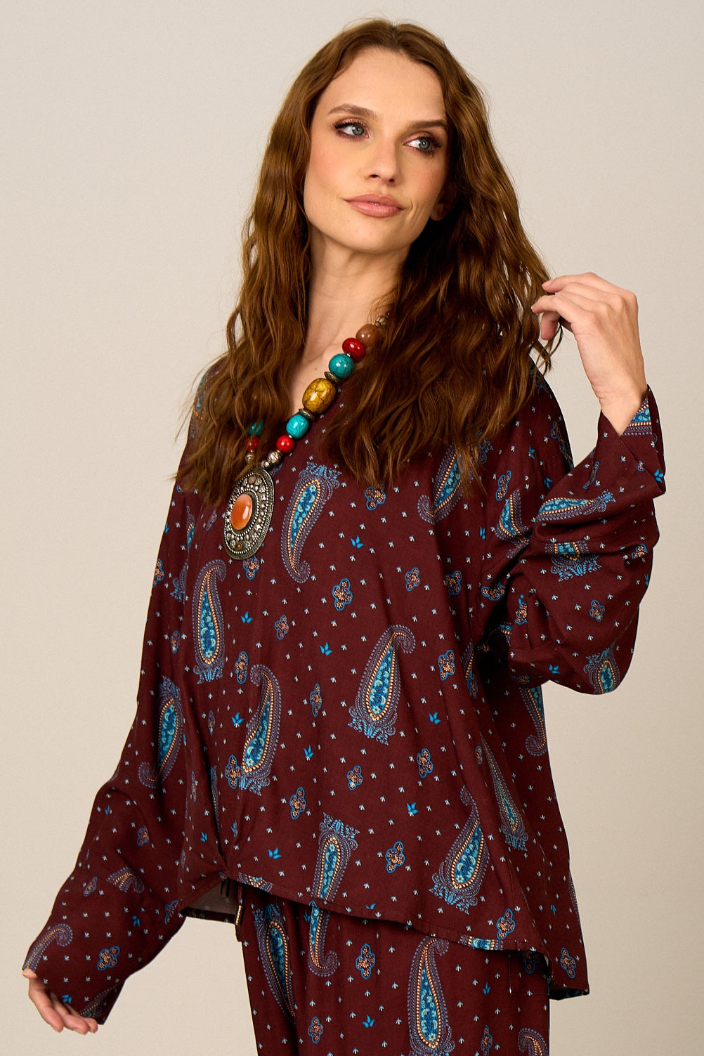 Yacamim Wide Brown Paisley Print Bat Sleeve A20