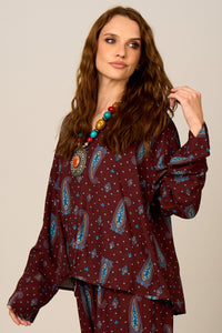 Yacamim Wide Brown Paisley Print Bat Sleeve A20