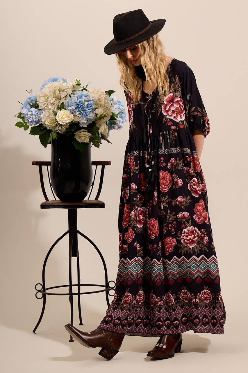 Yacamim Black Printed 3/4 Sleeve Long Dress