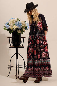 Yacamim Black Printed 3/4 Sleeve Long Dress