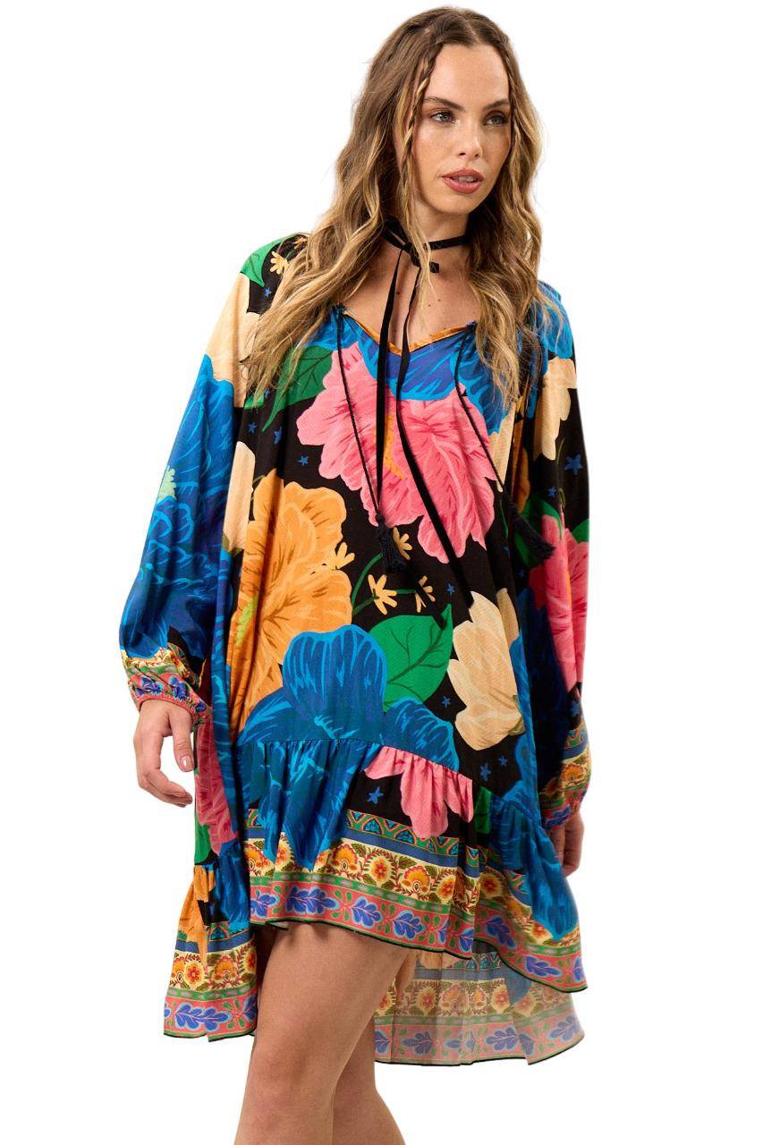 Yacamim Blue Printed Short Dress With Puffy Long Sleeves