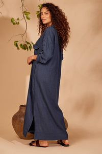 Yacamim Navy Blue Loose Long Shirt with Rolled-Up Sleeves