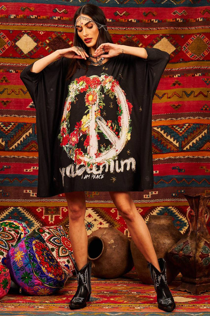 Yacamim Black Straight-Cut Tunic with Exclusive Peace and Love Print
