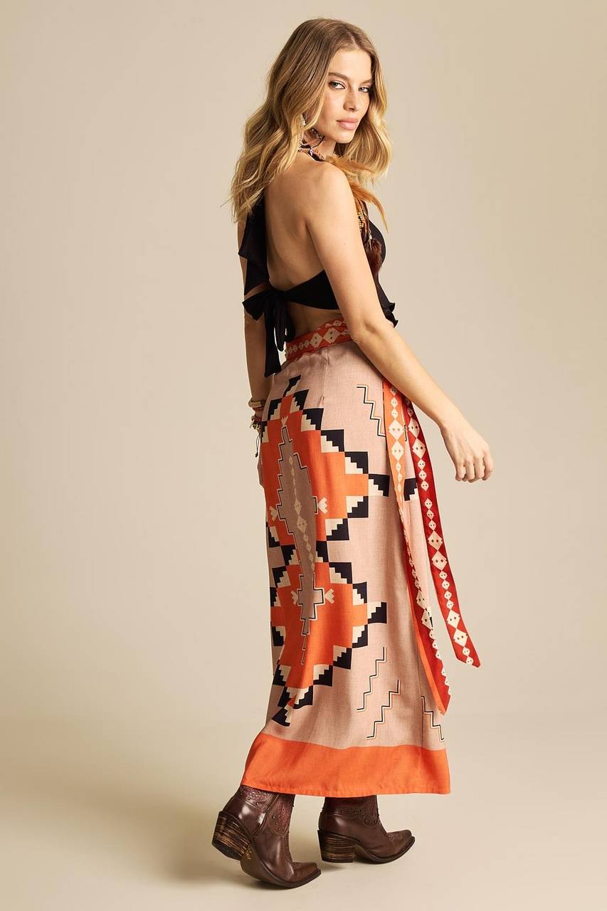 Yacamim A39 Printed Orange Wrap Long Straight Skirt