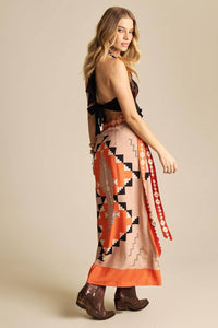 Yacamim A39 Printed Orange Wrap Long Straight Skirt