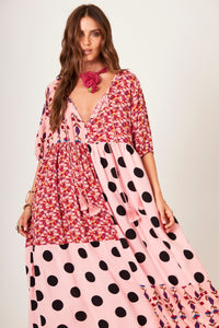Light Pink Polka Dot Patchwork Midi Dress Yacamim E26