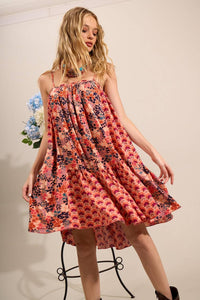 Yacamim D23 Salmon Patchwork Short Dress with Adjustable Straps
