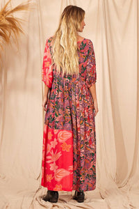 Women's Pink Patchwork Pom Pom Drawstring Long Dress