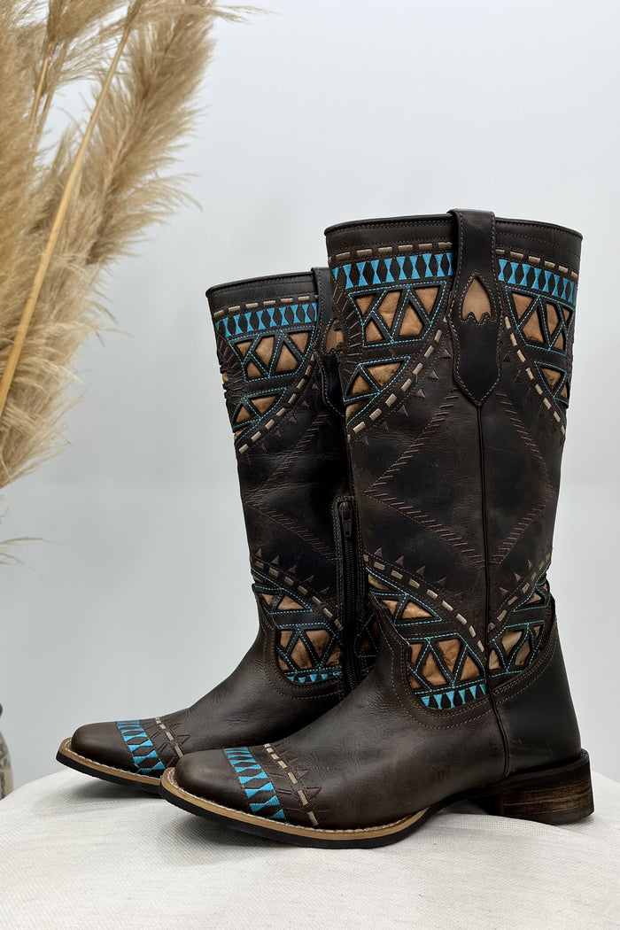 Yacamim Embroidered Brown Leather Tall Boot #126