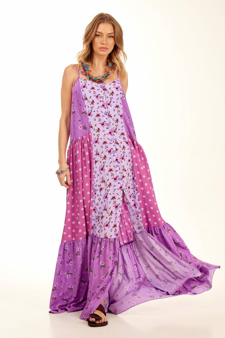 Yacamim Purple Patchwork Long Dress with Adjustable Straps