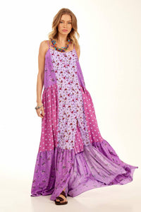 Yacamim Purple Patchwork Long Dress with Adjustable Straps