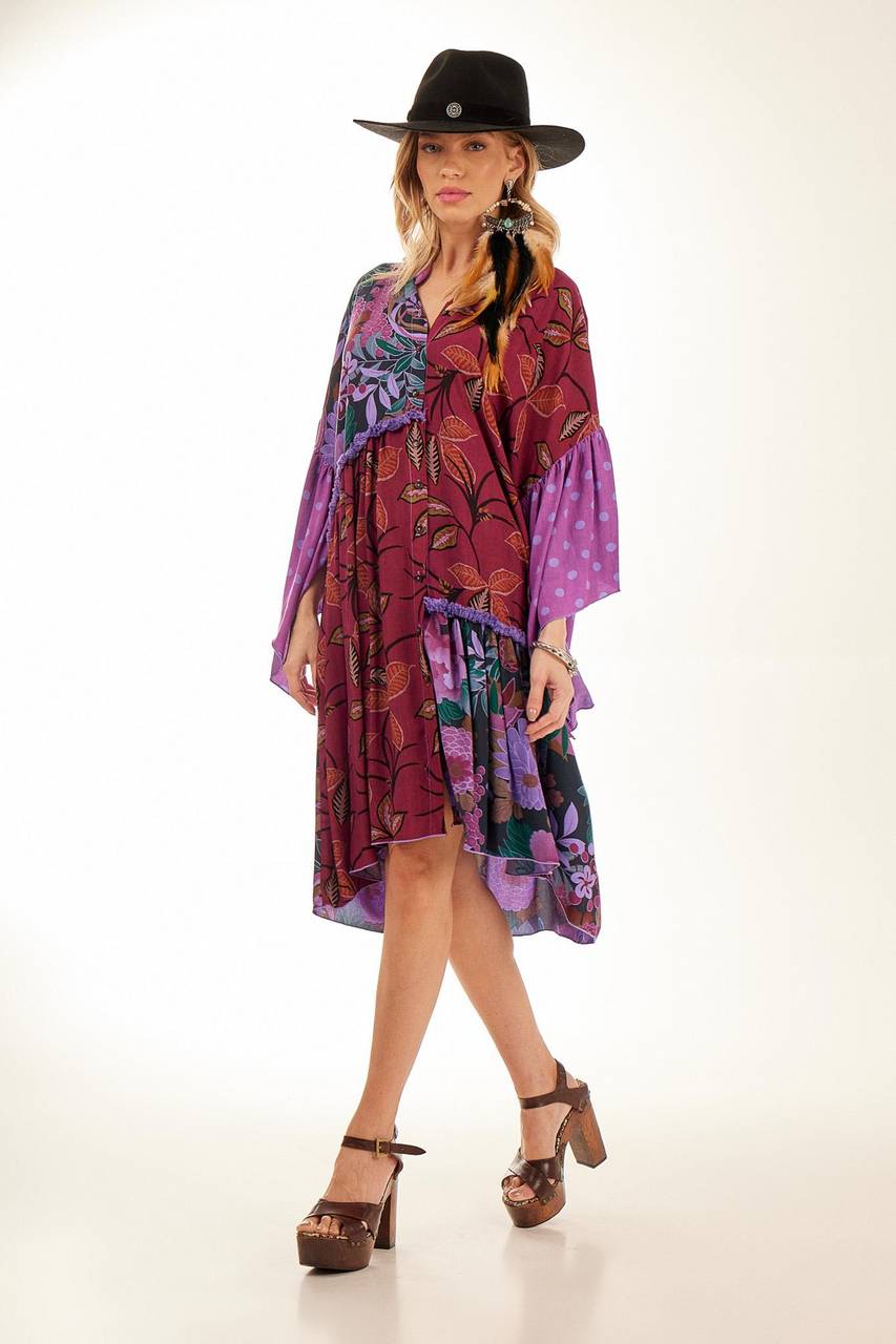 Short Chemise Dress with Asymmetrical Ruffles Purple Patchwork Yacamim<br />
<p>
</p>