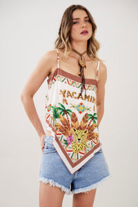 Yacamim Beige Scarf Cropped Top Exclusive Print F2