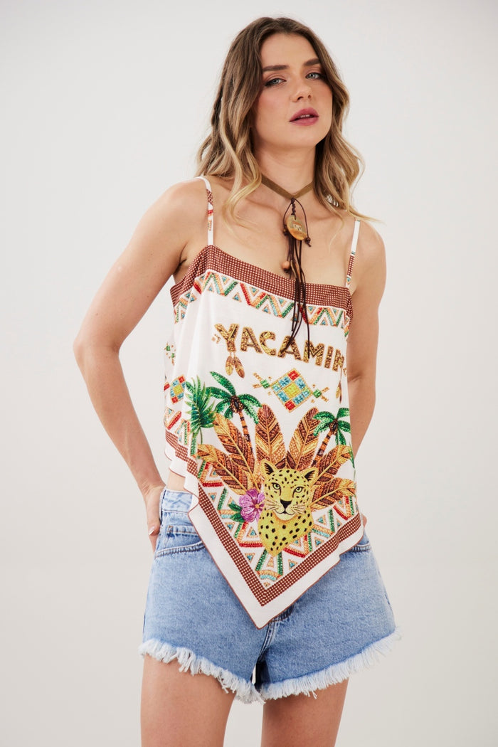 Yacamim Beige Scarf Cropped Top Exclusive Print F2