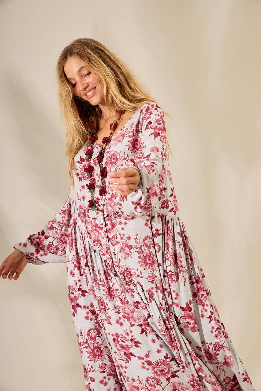 Long Dress with Asymmetrical Cut Gray Burgundy Floral Print Yacamim