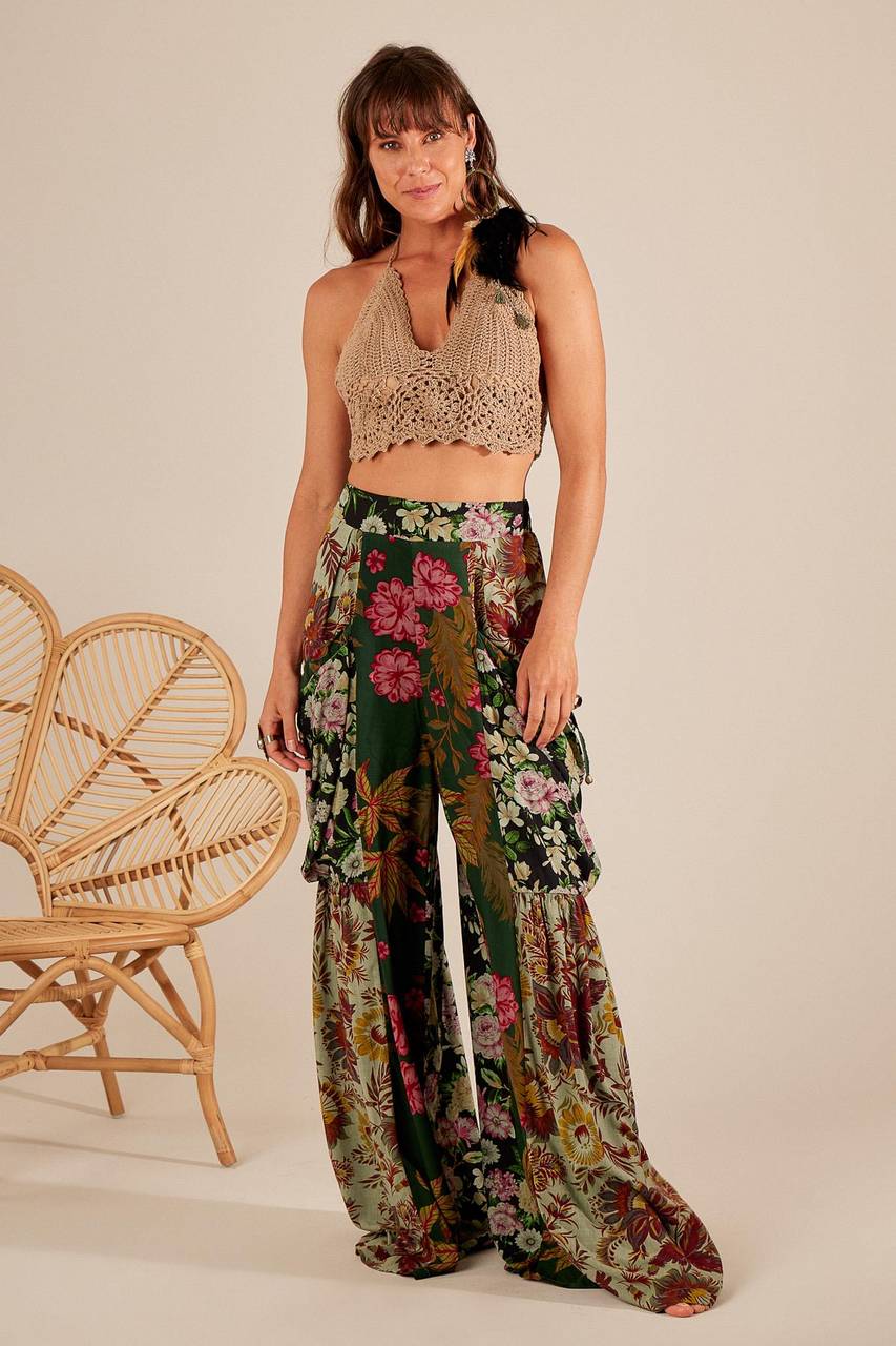 Dark Green High-Waisted Patchwork Palazzo Pants Yacamim