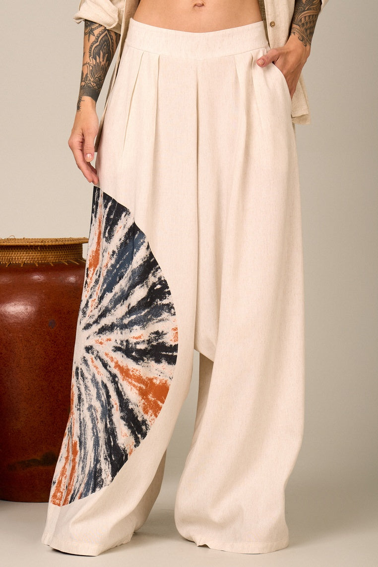 Yacamim H5 Beige Viscose Linen Sarouel Pants with Mandala Print