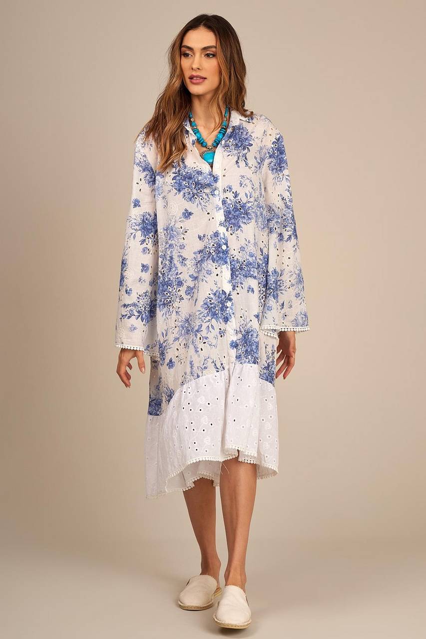Blue and White Patchwork Broderie Midi Shirt Dress Yacamim D13