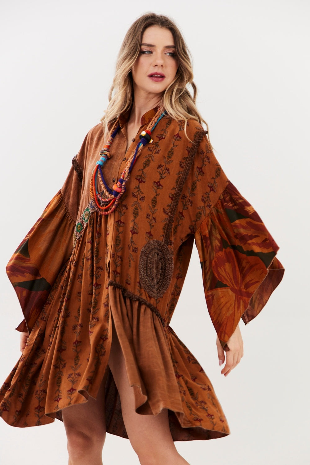 Yacamim D2 Brown Patchwork Short Dress