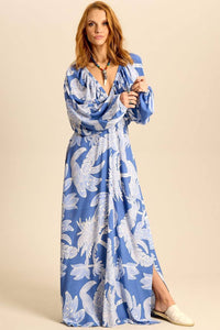 Yacamim E12 Blue Feather Print V-Neck Long Dress