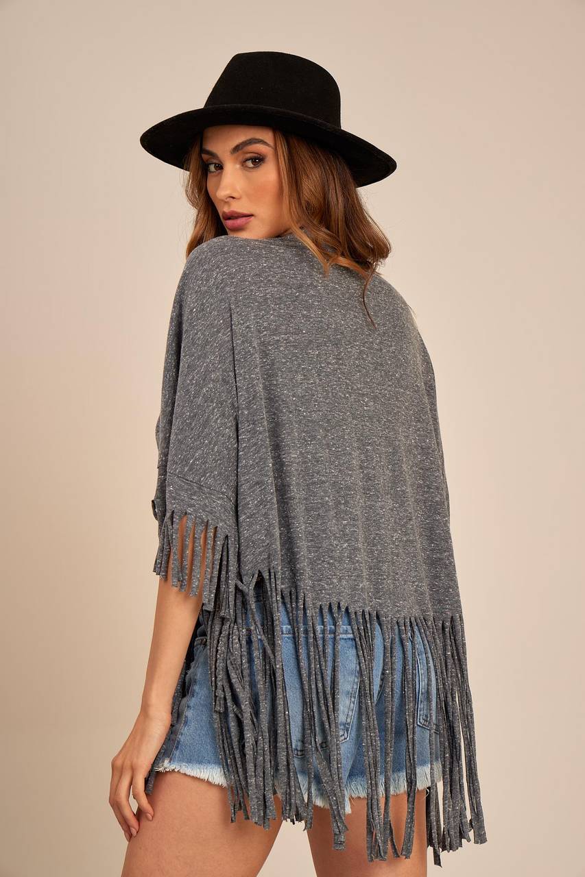 Women's Beach Cover-Up with Fringes Dark Gray Mélange Yacamim I5