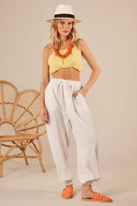 Off-White Linen Pants with Cuffed Legs Yacamim