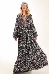 Yacamim Black Printed Long Dress with Puffy Sleeves and Destiny Ribbon Detail