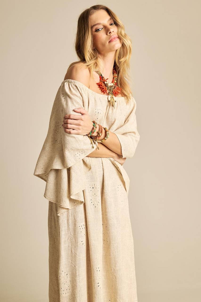Yacamim E22 Beige Broderie Linen Off-the-Shoulder Long Dress