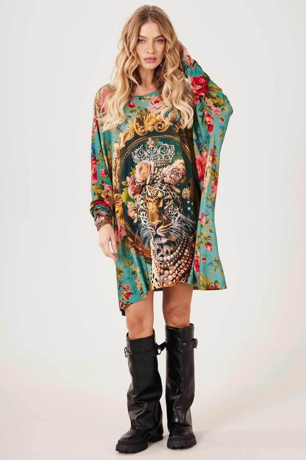 Loose Tunic With Studs Exclusive Green Leopard Print Yacamim S1