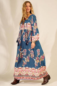 Long Blue Paisley Print Puffed Sleeve Dress Yacamim E2