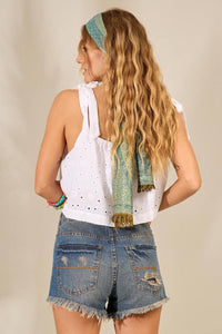 Yacamim White Tie-Strap Broderie Cropped Top I8