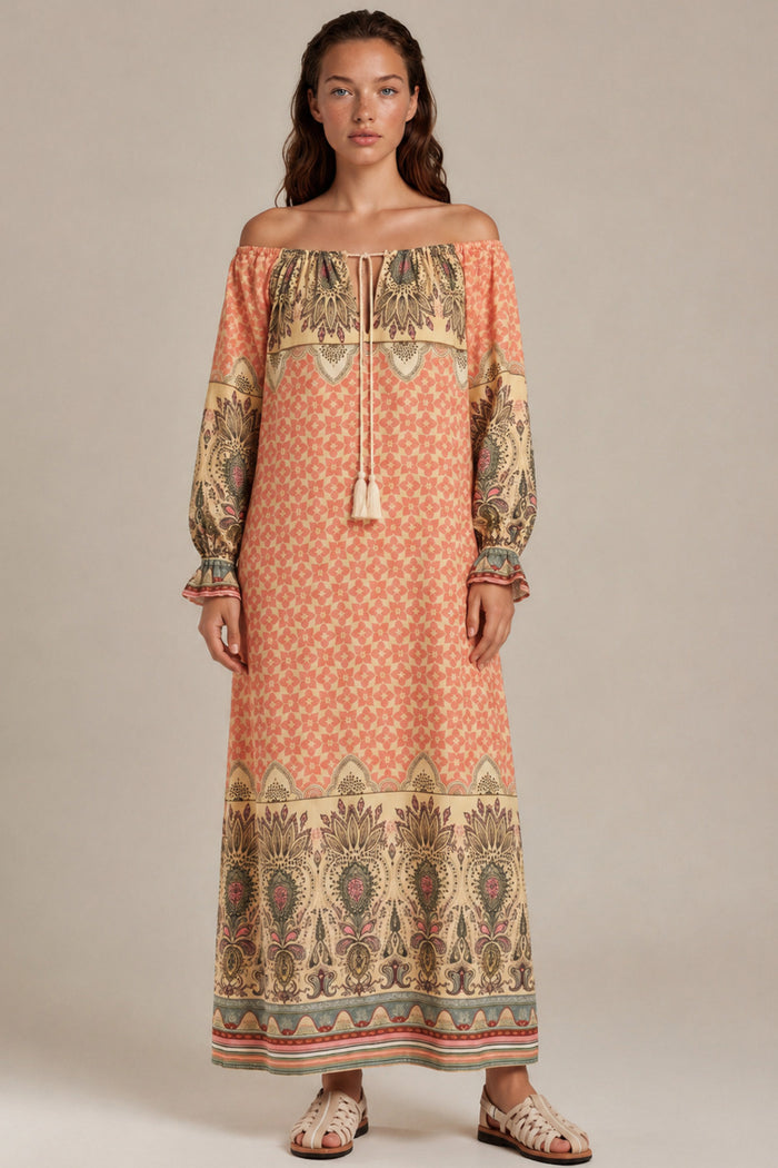 Vestido Longo Ciganinha Salmão Estampado Yacamim E15