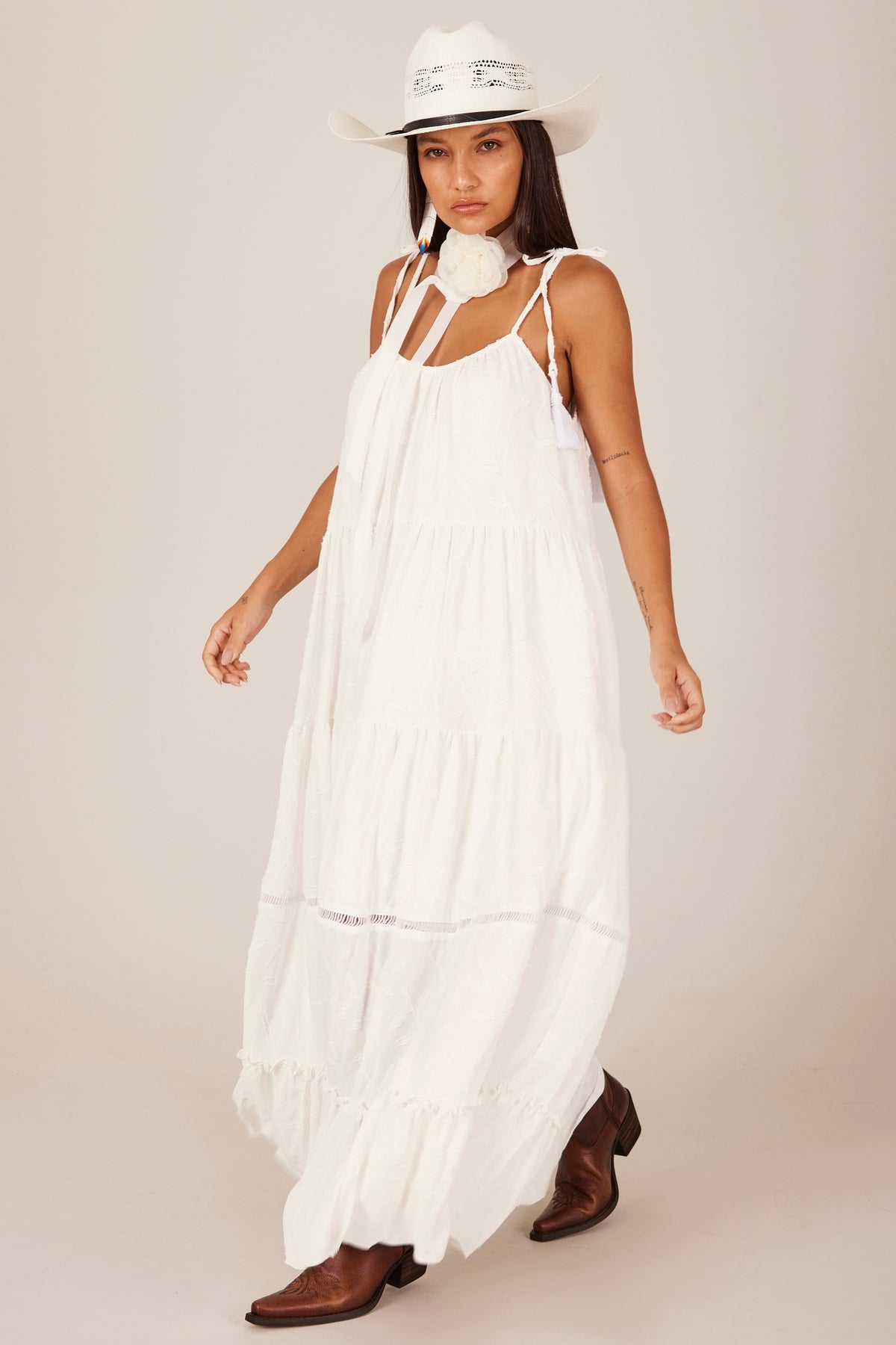 Yacamim C7 White Long Dress with Tie Straps
